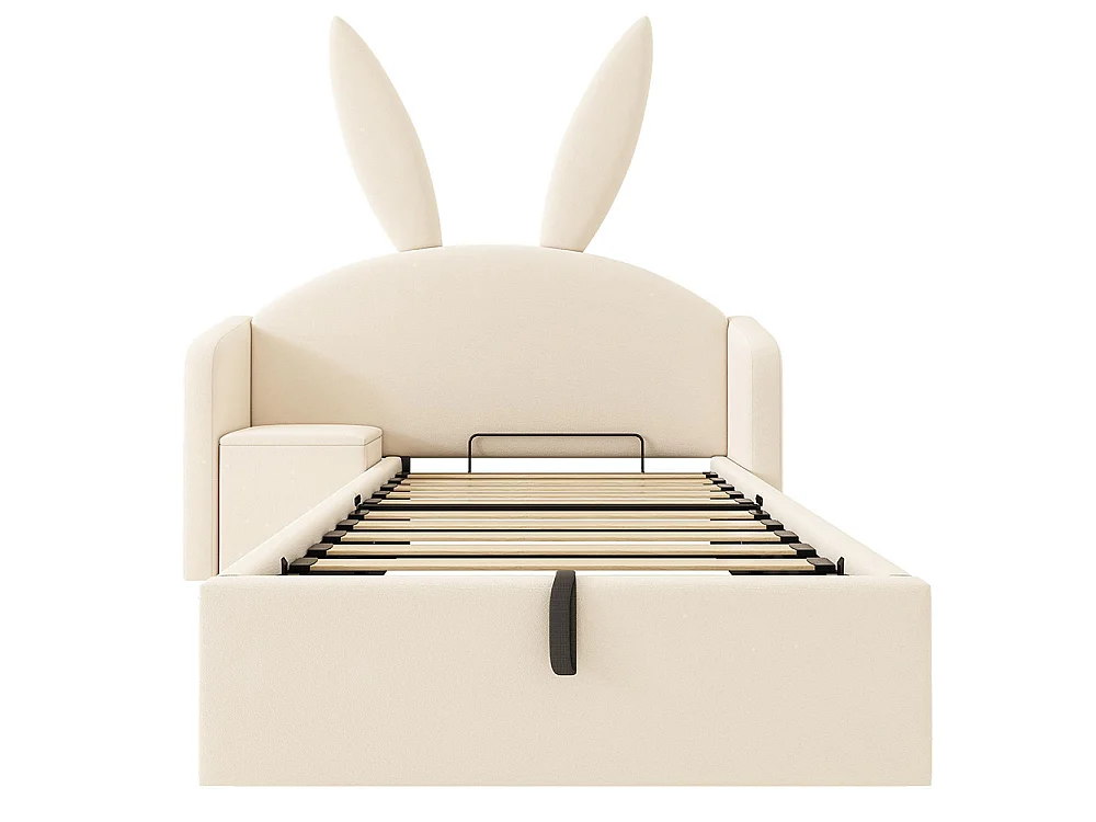 Lit d'enfant, lit capitonné avec table de chevet et oreilles de lapin, velours, beige - 90 x 200 cm
