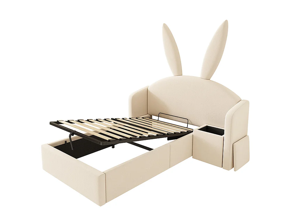 Lit d'enfant, lit capitonné avec table de chevet et oreilles de lapin, velours, beige - 90 x 200 cm