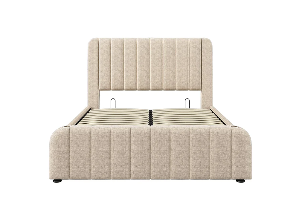 Lit adulte, avec bordures dorées, fonction de recharge USB Type-C, en lin, beige - 140 × 190 cm