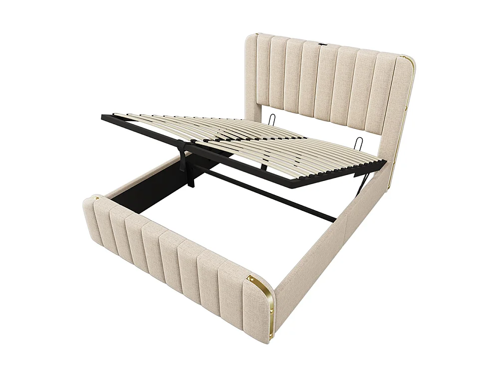 Lit adulte, avec bordures dorées, fonction de recharge USB Type-C, en lin, beige - 140 × 190 cm