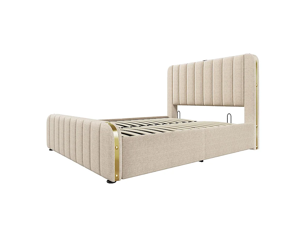 Lit adulte, avec bordures dorées, fonction de recharge USB Type-C, en lin, beige - 140 × 190 cm