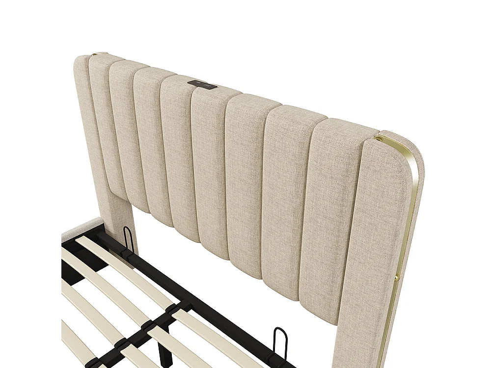 Lit adulte, avec bordures dorées, fonction de recharge USB Type-C, en lin, beige - 140 × 190 cm