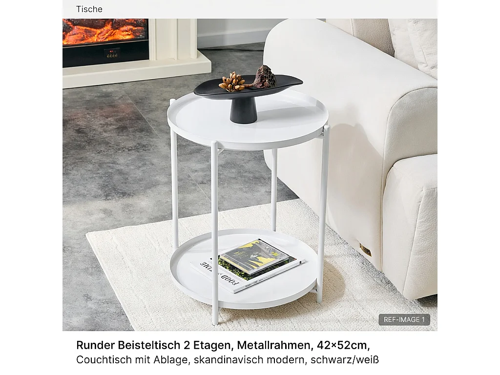 Table d'appoint ronde, à deux niveaux, structure métallique, 42 × 52 cm, table basse avec espace de rangement, blanc