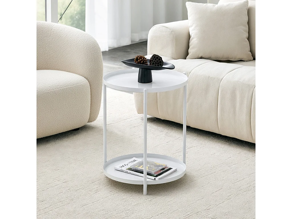Table d'appoint ronde, à deux niveaux, structure métallique, 42 × 52 cm, table basse avec espace de rangement, blanc