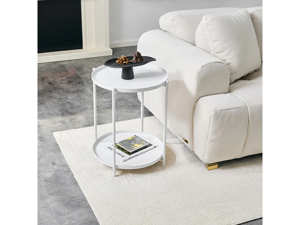 Table d'appoint ronde, à deux niveaux, structure métallique, 42 × 52 cm, table basse avec espace de rangement, blanc