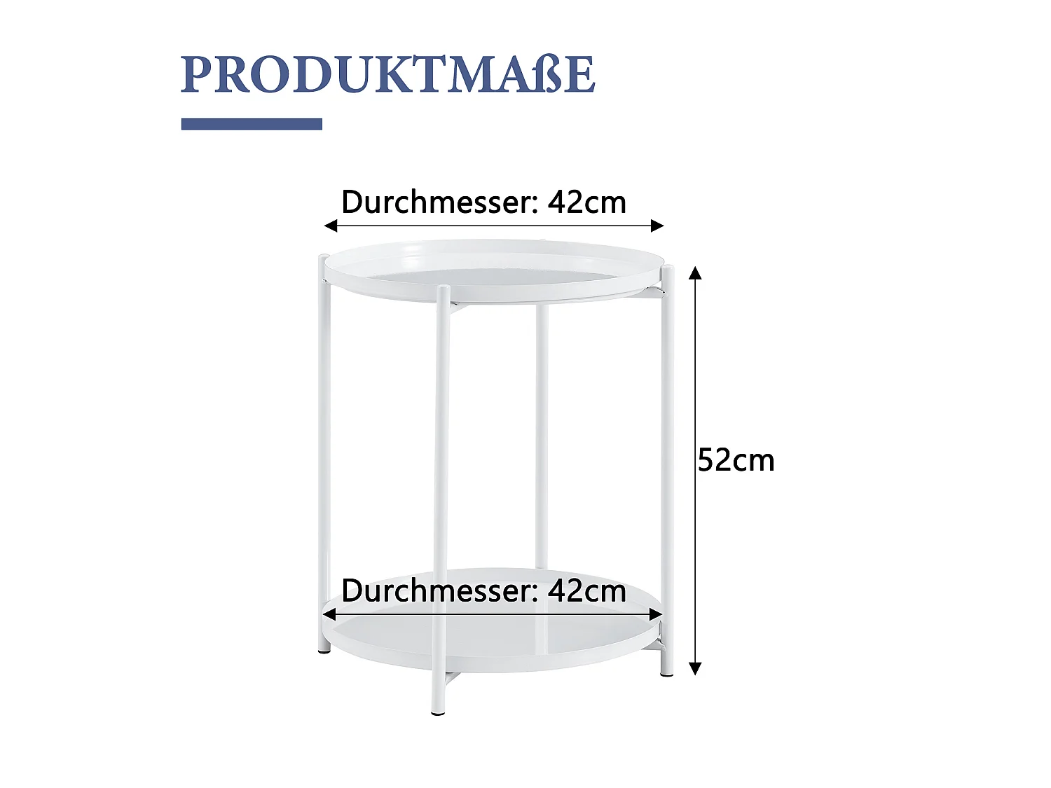 Table d'appoint ronde, à deux niveaux, structure métallique, 42 × 52 cm, table basse avec espace de rangement, blanc