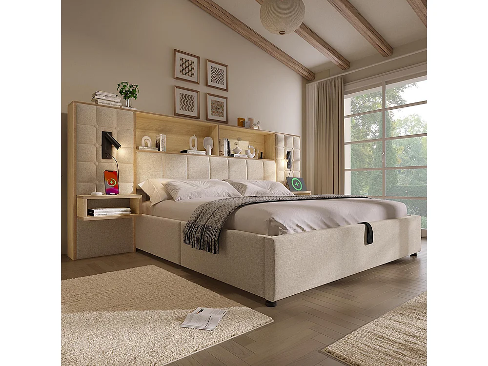 Cama de adulto, iluminación LED y lámpara de lectura, mesitas de noche integradas, puerto de carga USB tipo C, tejido de lino, beige - 160 x 200 cm