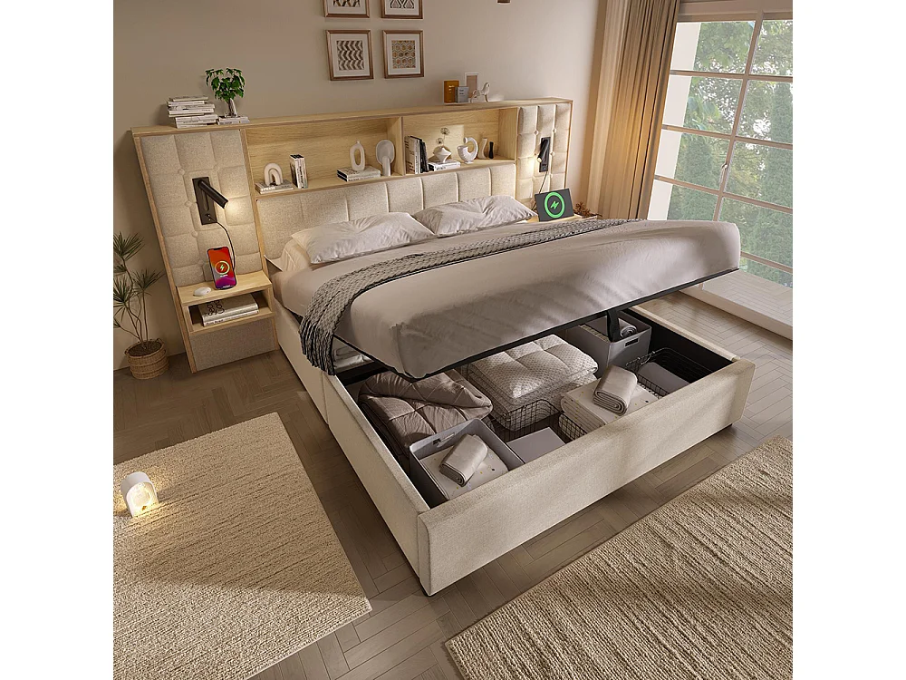 Cama de adulto, iluminación LED y lámpara de lectura, mesitas de noche integradas, puerto de carga USB tipo C, tejido de lino, beige - 160 x 200 cm
