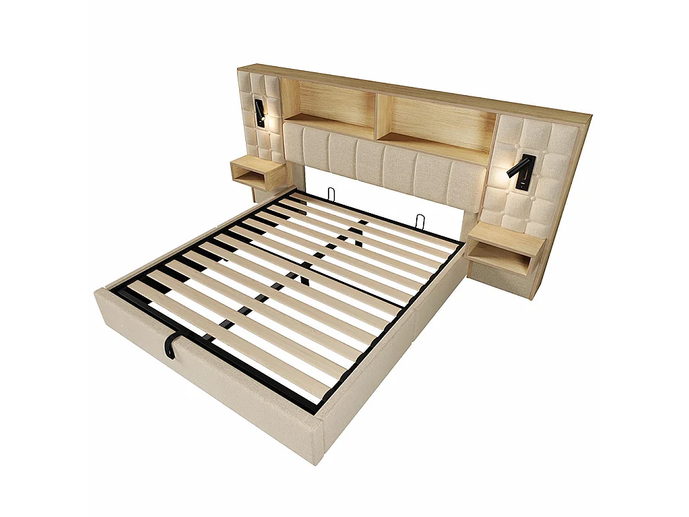 Cama de adulto, iluminación LED y lámpara de lectura, mesitas de noche integradas, puerto de carga USB tipo C, tejido de lino, beige - 160 x 200 cm