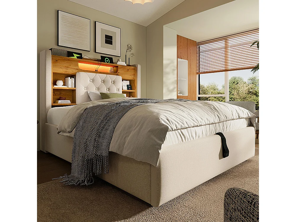 Lit adulte avec fonction de recharge USB/Type-C, en lin, couleur beige - 90 x 200 cm