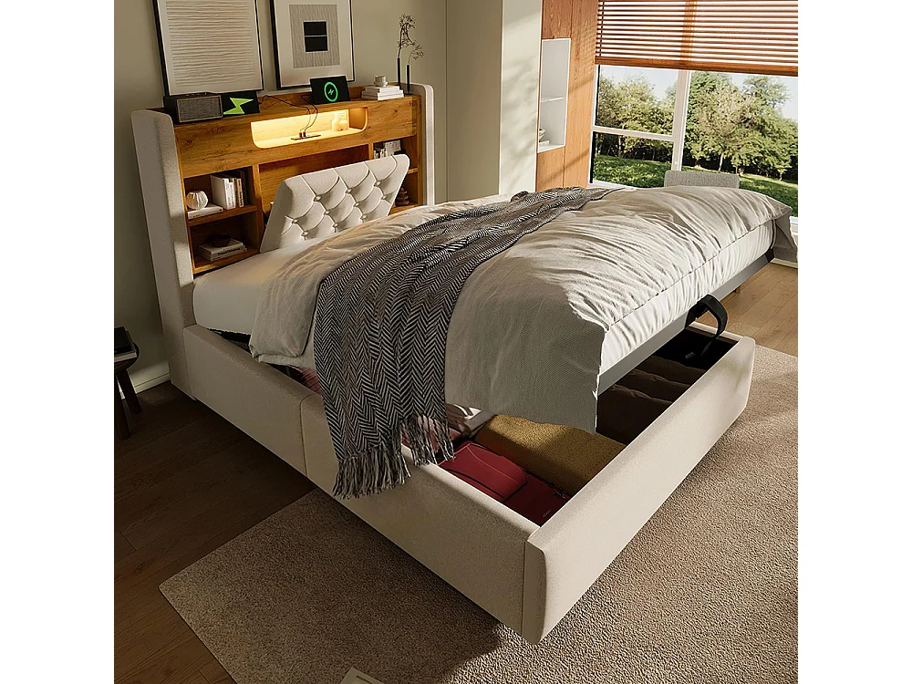 Lit adulte avec fonction de recharge USB/Type-C, en lin, couleur beige - 90 x 200 cm