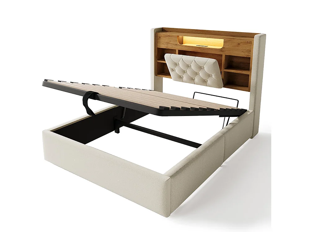 Lit adulte avec fonction de recharge USB/Type-C, en lin, couleur beige - 90 x 200 cm