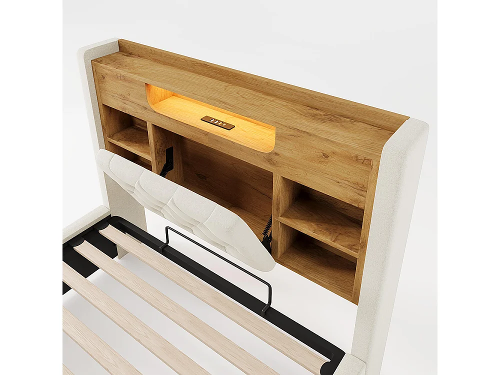 Lit adulte avec fonction de recharge USB/Type-C, en lin, couleur beige - 90 x 200 cm