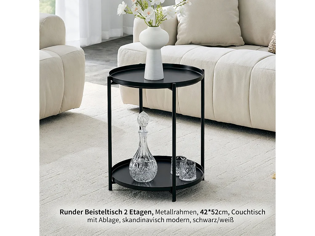 Table d'appoint ronde, à deux niveaux, structure métallique, 42 × 52 cm, table basse avec espace de rangement, noir