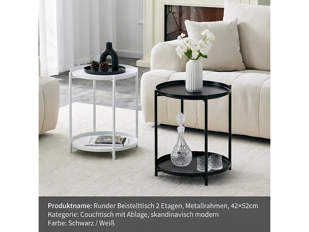 Table d'appoint ronde, à deux niveaux, structure métallique, 42 × 52 cm, table basse avec espace de rangement, noir