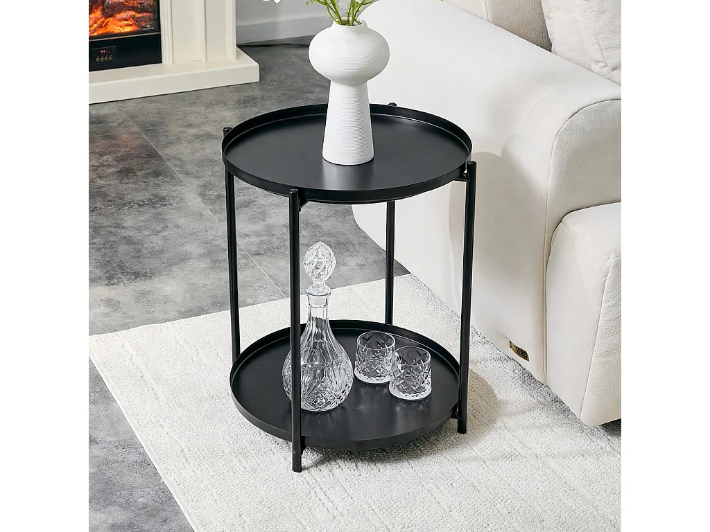 Table d'appoint ronde, à deux niveaux, structure métallique, 42 × 52 cm, table basse avec espace de rangement, noir