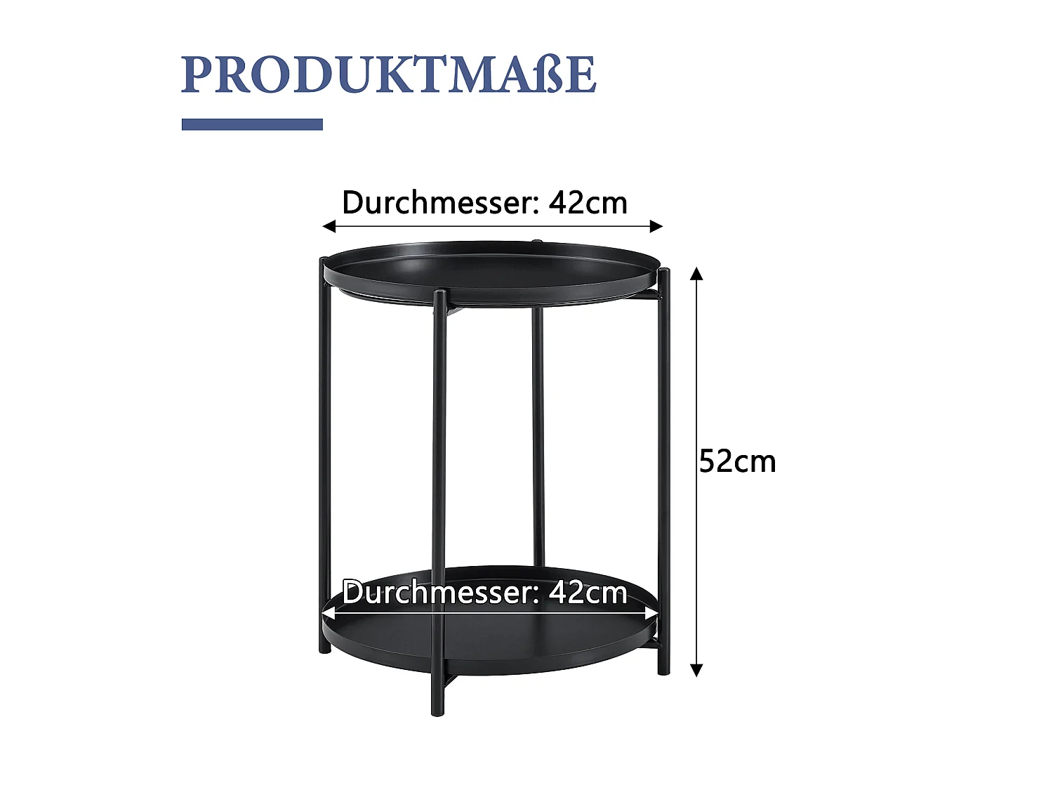 Table d'appoint ronde, à deux niveaux, structure métallique, 42 × 52 cm, table basse avec espace de rangement, noir
