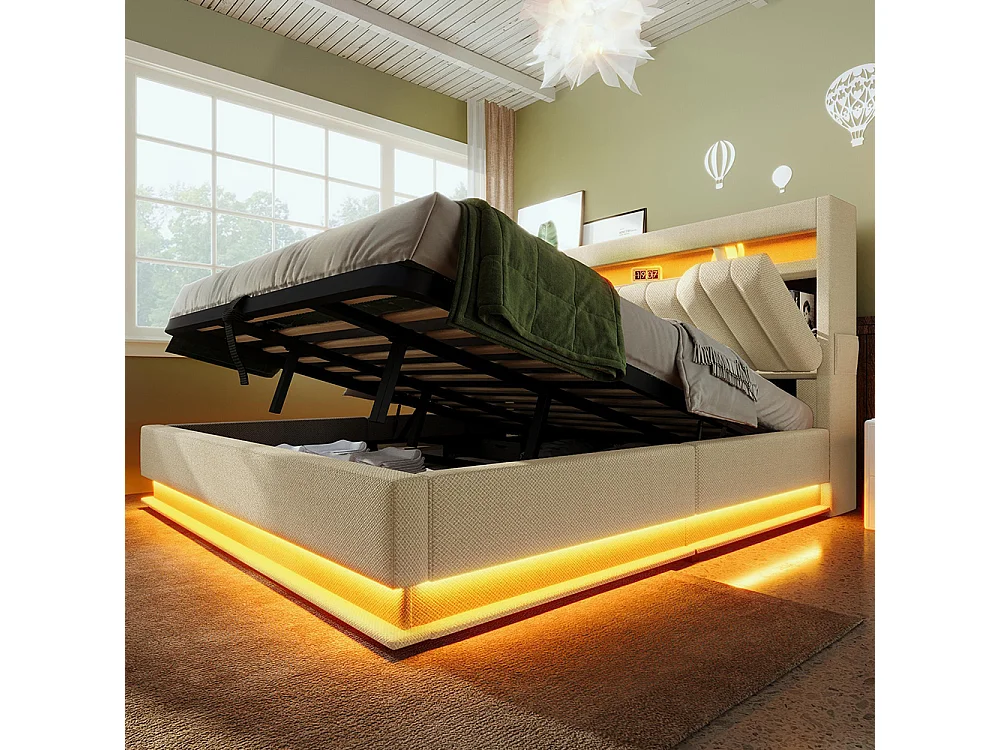Lit adulte, avec ports USB et Type-C, éclairage LED à la tête et au pied du lit, tissu en lin, beige-140 × 190 cm