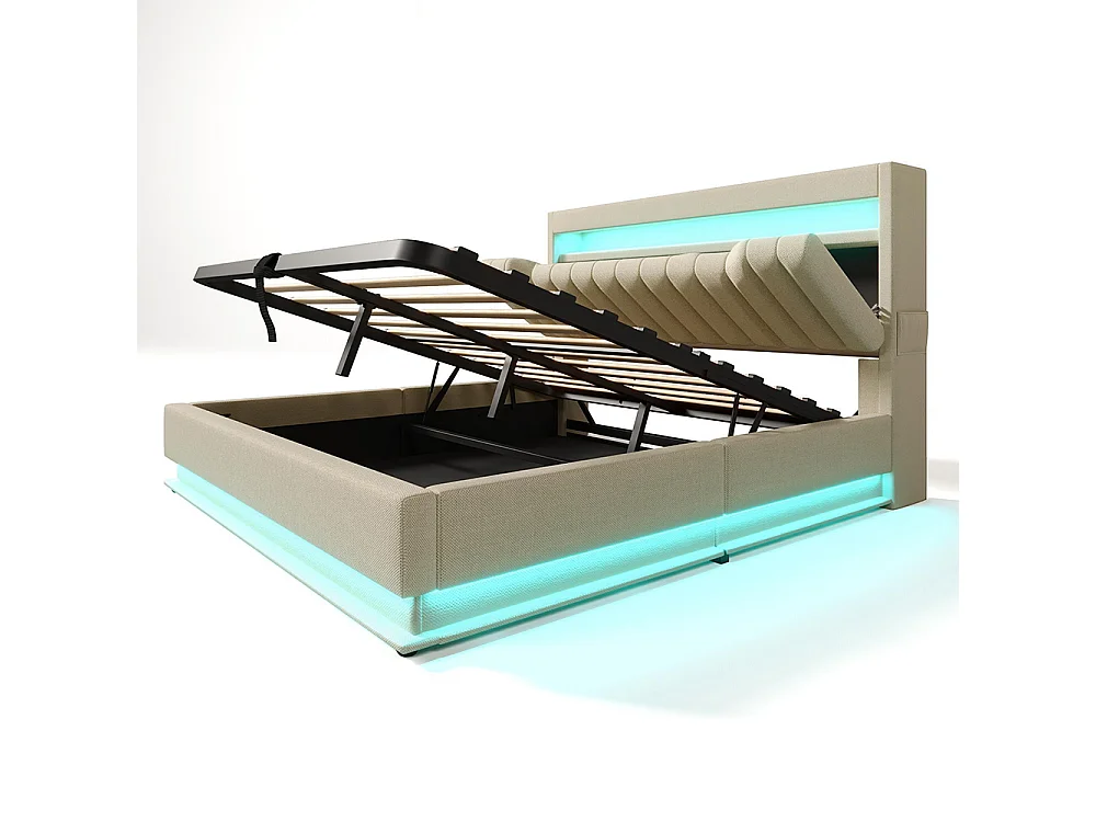 Lit adulte, avec ports USB et Type-C, éclairage LED à la tête et au pied du lit, tissu en lin, beige-140 × 190 cm
