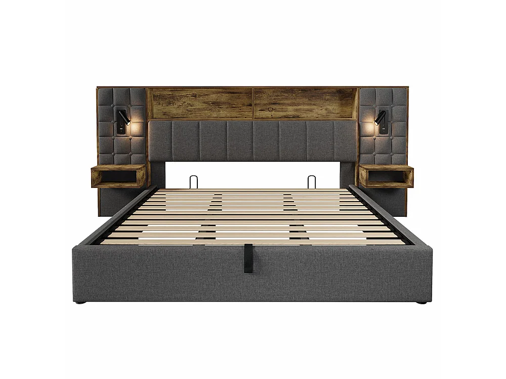 Cama de adulto, iluminação LED e candeeiro de leitura, mesas de cabeceira integradas, porta de carregamento USB Tipo C, tecido de linho, cinzento - 180 x 200 cm