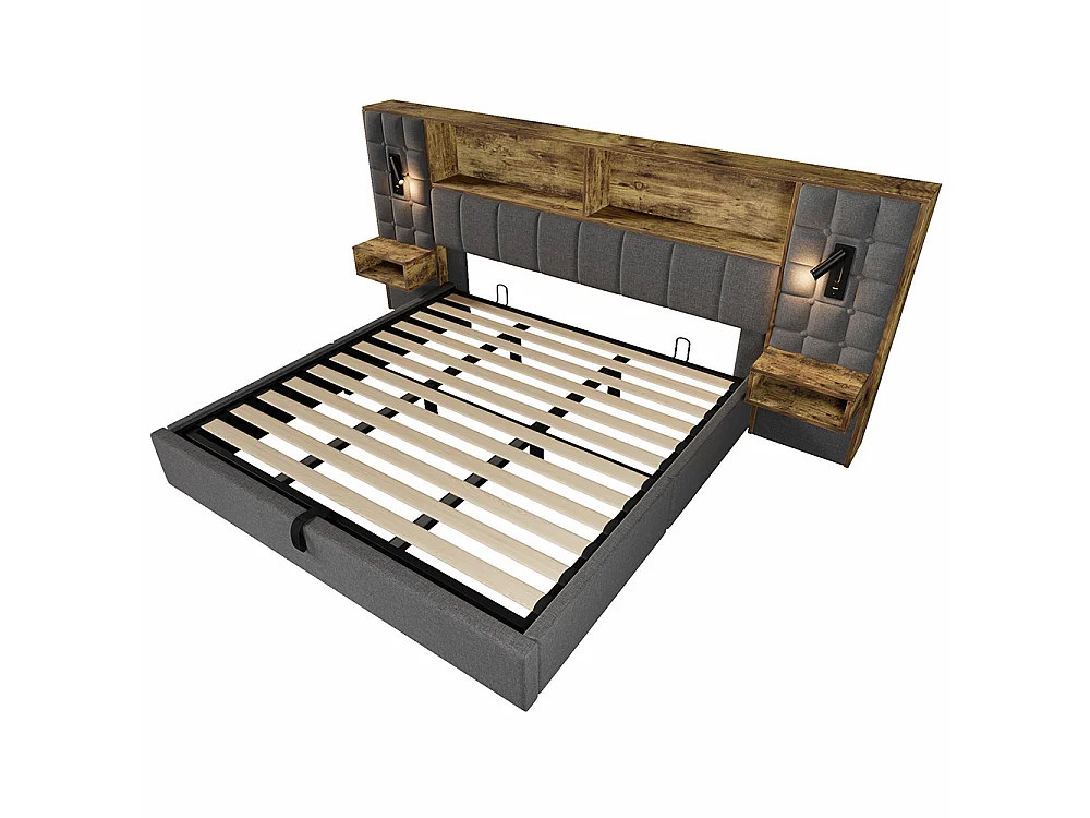 Cama de adulto, iluminação LED e candeeiro de leitura, mesas de cabeceira integradas, porta de carregamento USB Tipo C, tecido de linho, cinzento - 180 x 200 cm