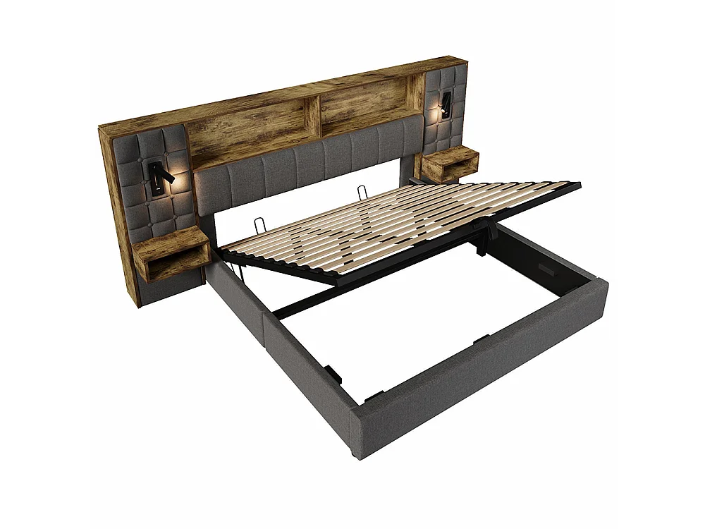 Cama de adulto, iluminação LED e candeeiro de leitura, mesas de cabeceira integradas, porta de carregamento USB Tipo C, tecido de linho, cinzento - 180 x 200 cm