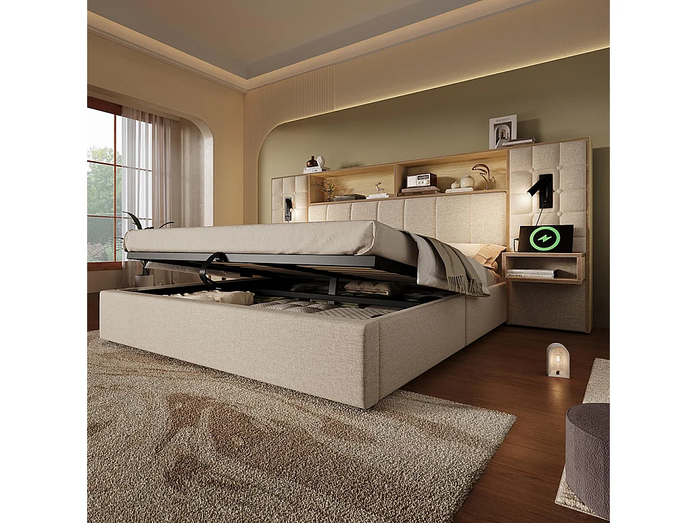 Cama de adulto, iluminación LED y lámpara de lectura, mesitas de noche integradas, puerto de carga USB tipo C, tejido de lino, beige - 180 x 200 cm