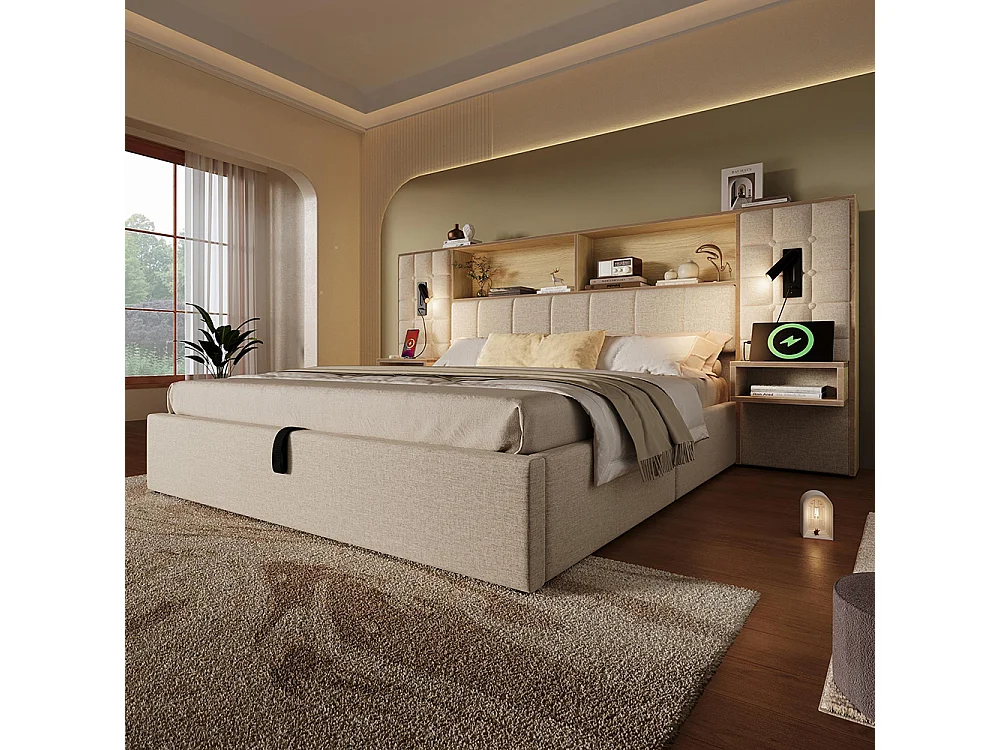Cama de adulto, iluminación LED y lámpara de lectura, mesitas de noche integradas, puerto de carga USB tipo C, tejido de lino, beige - 180 x 200 cm