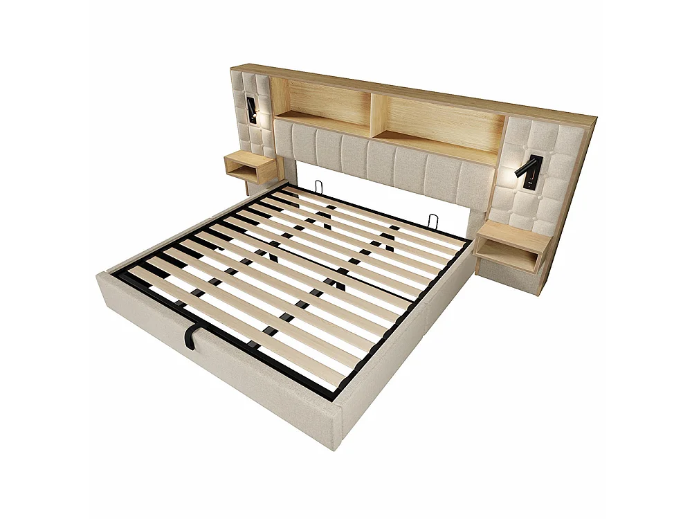 Cama de adulto, iluminación LED y lámpara de lectura, mesitas de noche integradas, puerto de carga USB tipo C, tejido de lino, beige - 180 x 200 cm