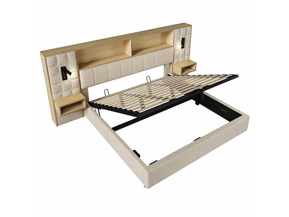 Cama de adulto, iluminación LED y lámpara de lectura, mesitas de noche integradas, puerto de carga USB tipo C, tejido de lino, beige - 180 x 200 cm
