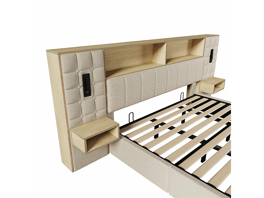 Cama de adulto, iluminación LED y lámpara de lectura, mesitas de noche integradas, puerto de carga USB tipo C, tejido de lino, beige - 180 x 200 cm