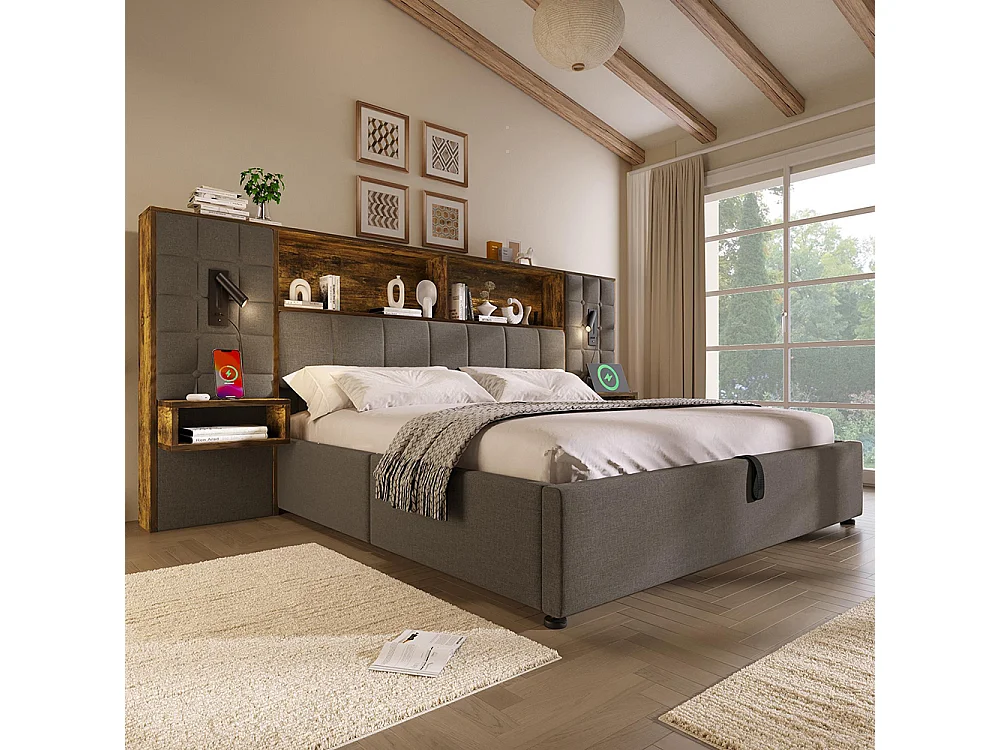 Cama para adultos, iluminación LED y lámpara de lectura, mesitas de noche integradas, puerto de carga USB tipo C, tejido de lino, gris - 160 x 200 cm