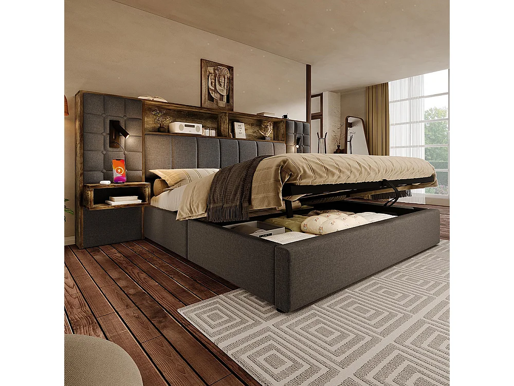 Cama para adultos, iluminación LED y lámpara de lectura, mesitas de noche integradas, puerto de carga USB tipo C, tejido de lino, gris - 160 x 200 cm