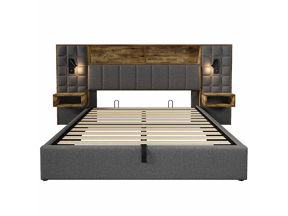 Cama para adultos, iluminación LED y lámpara de lectura, mesitas de noche integradas, puerto de carga USB tipo C, tejido de lino, gris - 160 x 200 cm