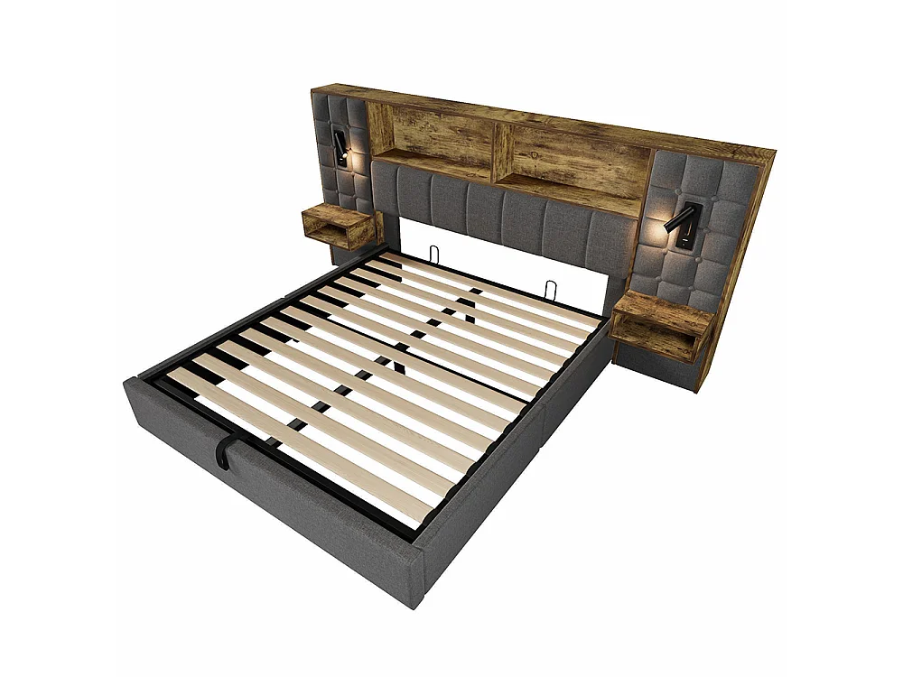 Cama para adultos, iluminación LED y lámpara de lectura, mesitas de noche integradas, puerto de carga USB tipo C, tejido de lino, gris - 160 x 200 cm