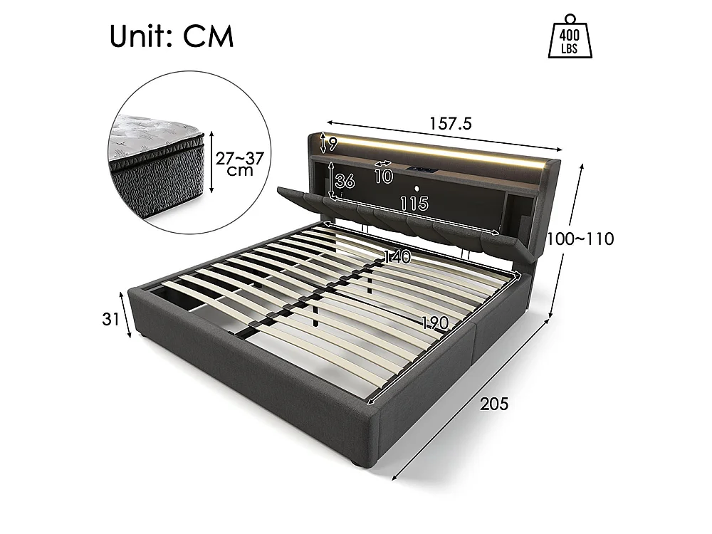 Lit adulte avec port USB, tête de lit avec rangement et éclairage LED, sommier en bois, gris - 140 x 190 cm
