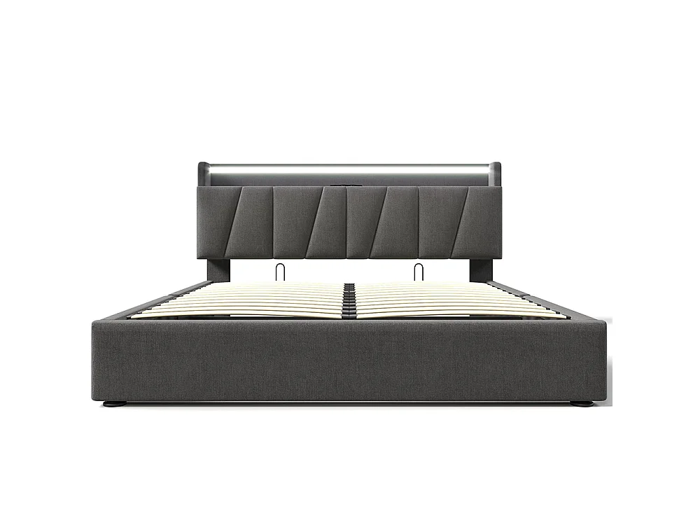 Lit adulte avec port USB, tête de lit avec rangement et éclairage LED, sommier en bois, gris - 140 x 190 cm