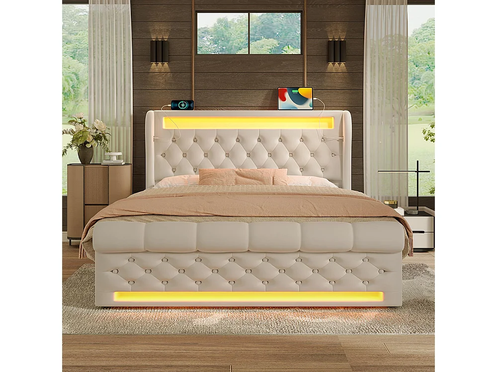 Lit adulte, avec éclairage LED, tête de lit dotée d'un espace de rangement et de ports USB et Type-C, en velours, beige-140 x 190 cm