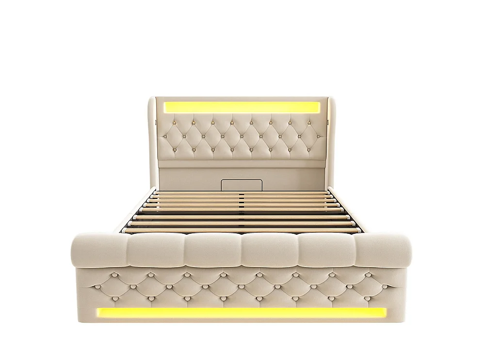 Lit adulte, avec éclairage LED, tête de lit dotée d'un espace de rangement et de ports USB et Type-C, en velours, beige-140 x 190 cm