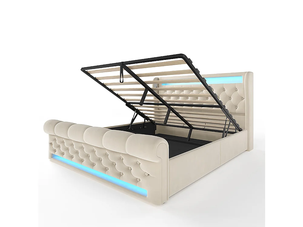 Lit adulte, avec éclairage LED, tête de lit dotée d'un espace de rangement et de ports USB et Type-C, en velours, beige-140 x 190 cm