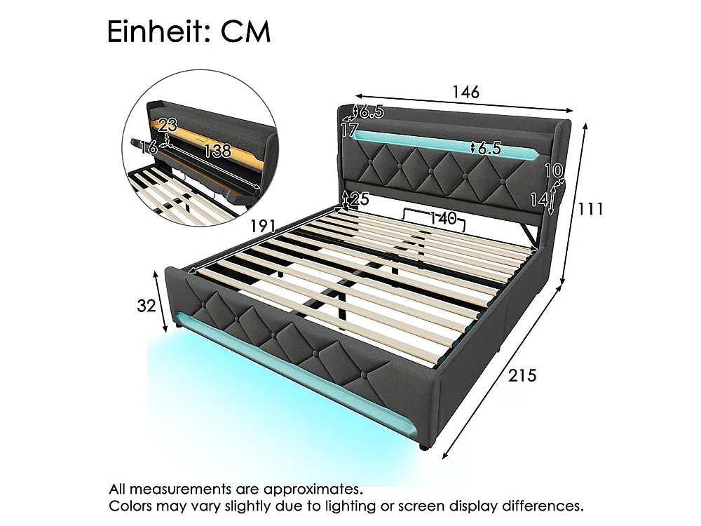 Lit adulte, avec ports USB et Type-C, éclairage LED à 360° à la tête et au pied du lit, tissu en lin, gris-140 × 190 cm