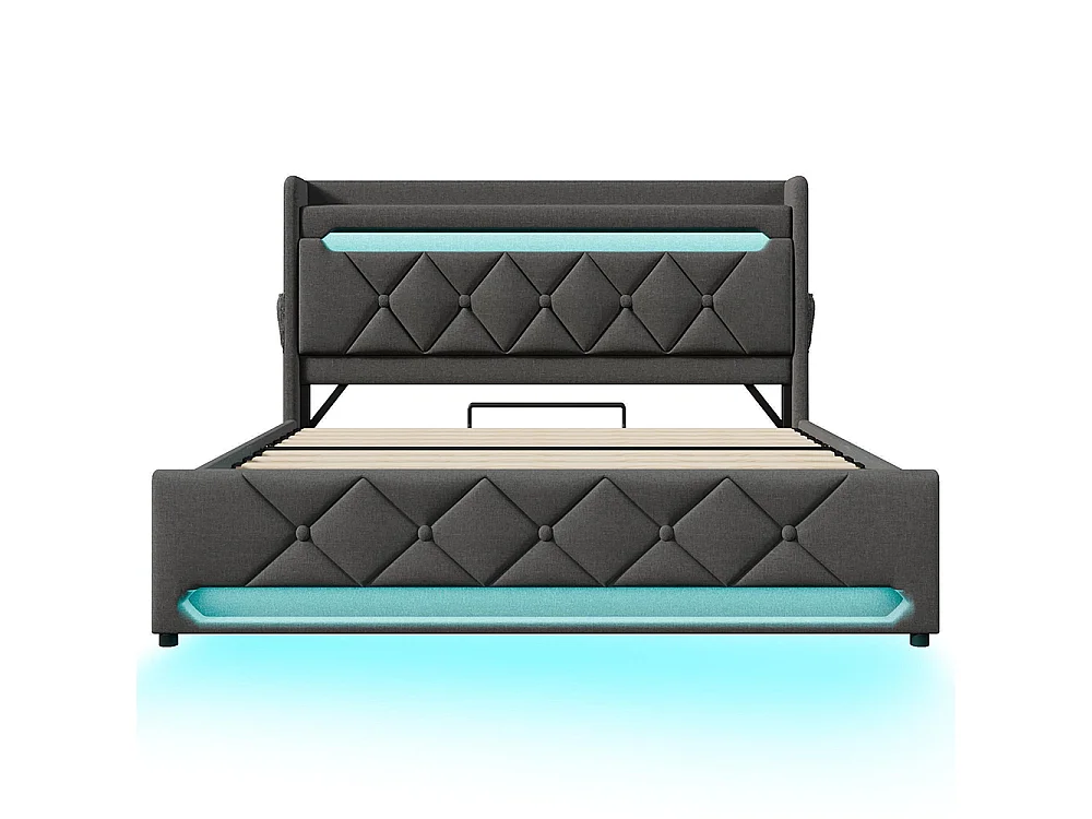 Lit adulte, avec ports USB et Type-C, éclairage LED à 360° à la tête et au pied du lit, tissu en lin, gris-140 × 190 cm