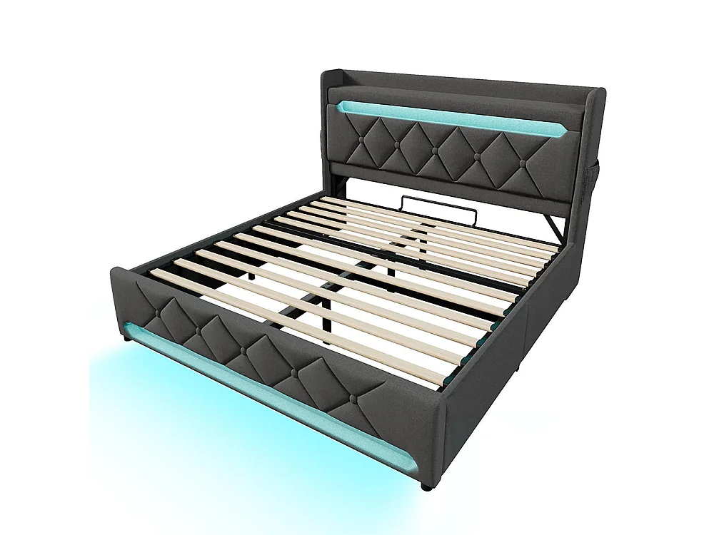 Lit adulte, avec ports USB et Type-C, éclairage LED à 360° à la tête et au pied du lit, tissu en lin, gris-140 × 190 cm