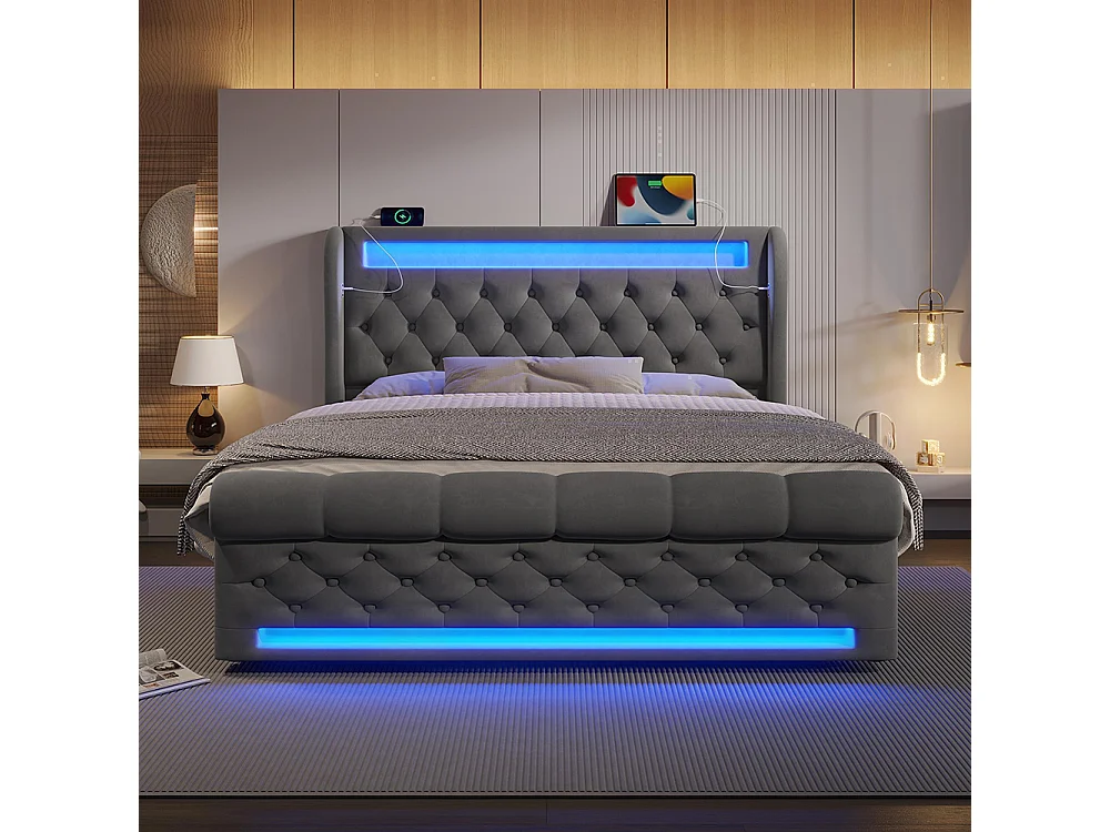 Lit adulte, avec éclairage LED, tête de lit dotée d'un espace de rangement et de ports USB et Type-C, en velours, gris-140 × 190 cm