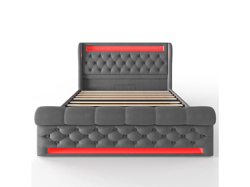 Lit adulte, avec éclairage LED, tête de lit dotée d'un espace de rangement et de ports USB et Type-C, en velours, gris-140 × 190 cm