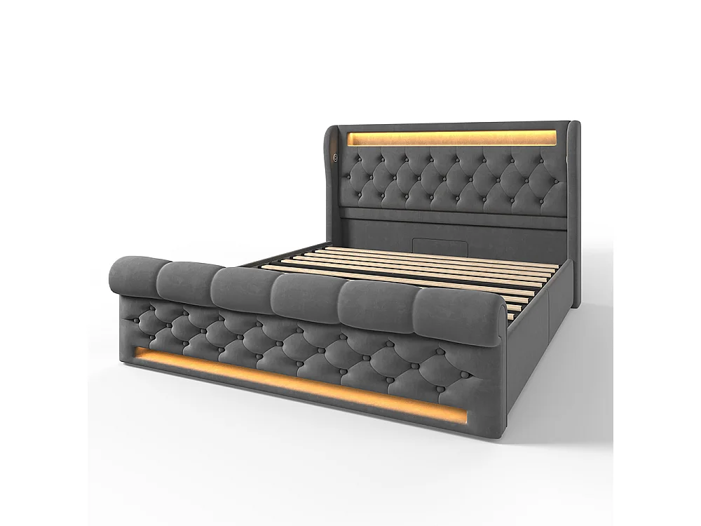 Lit adulte, avec éclairage LED, tête de lit dotée d'un espace de rangement et de ports USB et Type-C, en velours, gris-140 × 190 cm