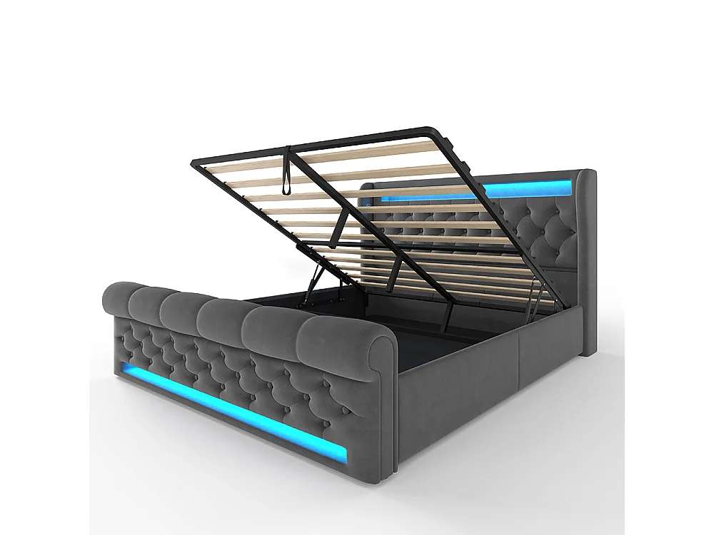 Lit adulte, avec éclairage LED, tête de lit dotée d'un espace de rangement et de ports USB et Type-C, en velours, gris-140 × 190 cm