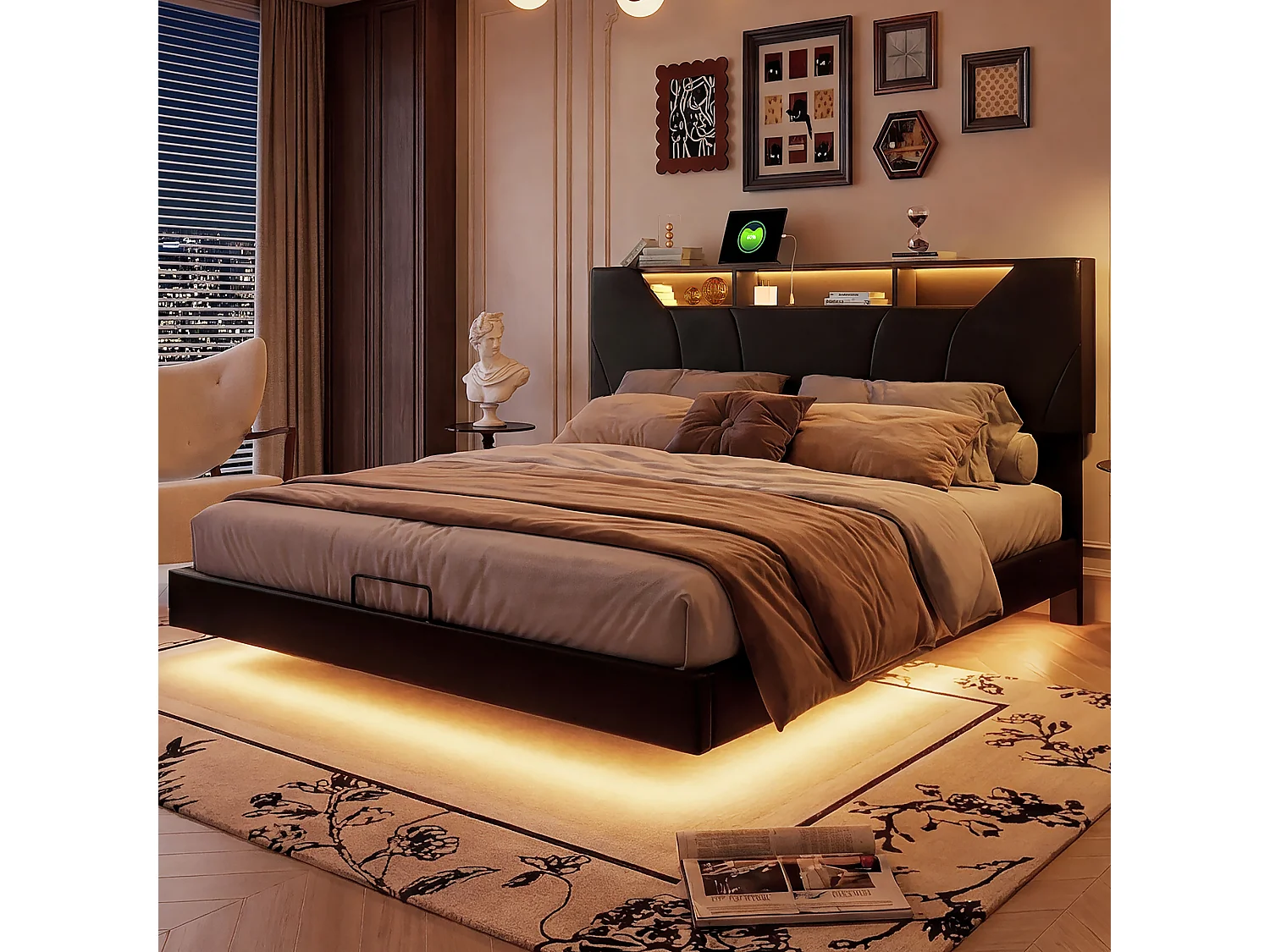 Lit flottant 140x200 cm en pu noir, Tête de lit avec rangement Lit Double avec LED, Hauteur de tête de lit ajustable, Sommier à lattes inclus