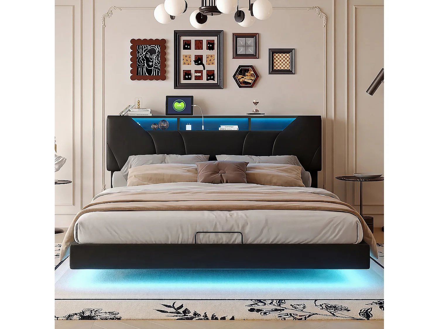 Lit flottant 140x200 cm en pu noir, Tête de lit avec rangement Lit Double avec LED, Hauteur de tête de lit ajustable, Sommier à lattes inclus