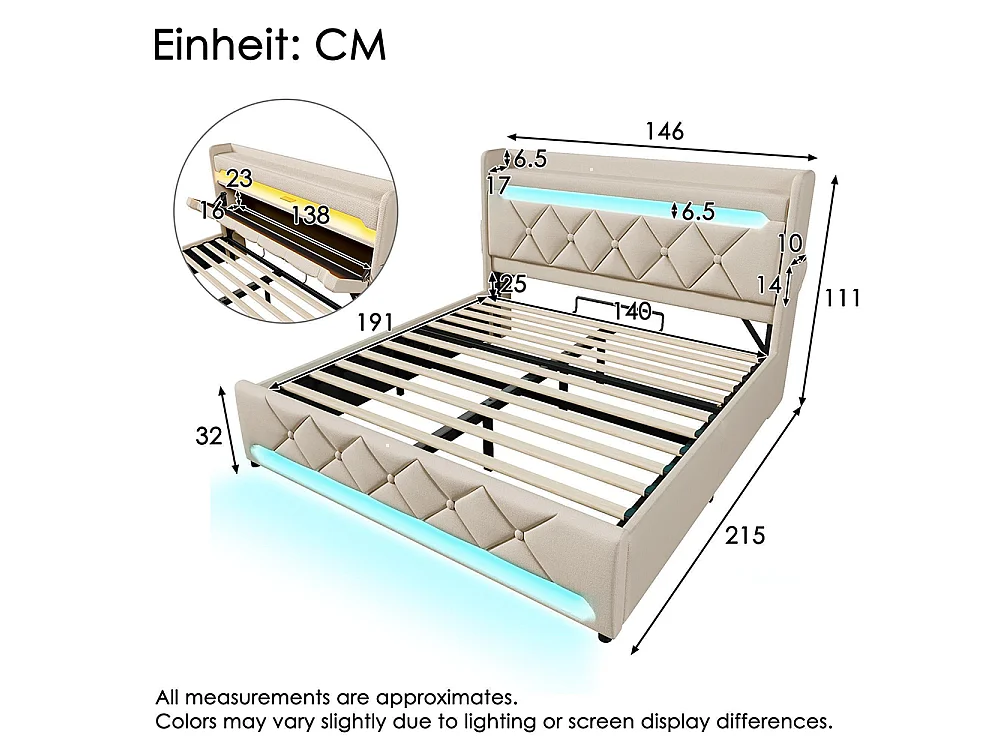 Lit adulte, avec ports USB et Type-C, éclairage LED à 360° à la tête et au pied du lit, tissu en lin, beige-140 × 190 cm
